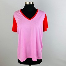Lands End Womens M/P 10 - 12 Pink With Red Sleeves Colorblock Casual V Neck Top - £12.55 GBP