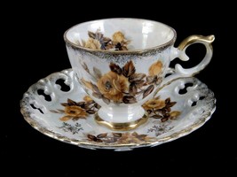 Demitasse Cup &amp;  Laced Edge Saucer, Lusterware w/Yellow Roses Collector Cup - $14.65