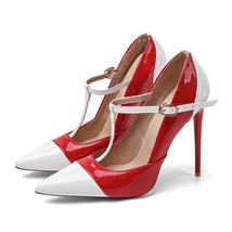 Big Size Elegant Women Pumps Black Red Mixed Color Patent Leather High Thin Heel - £43.29 GBP