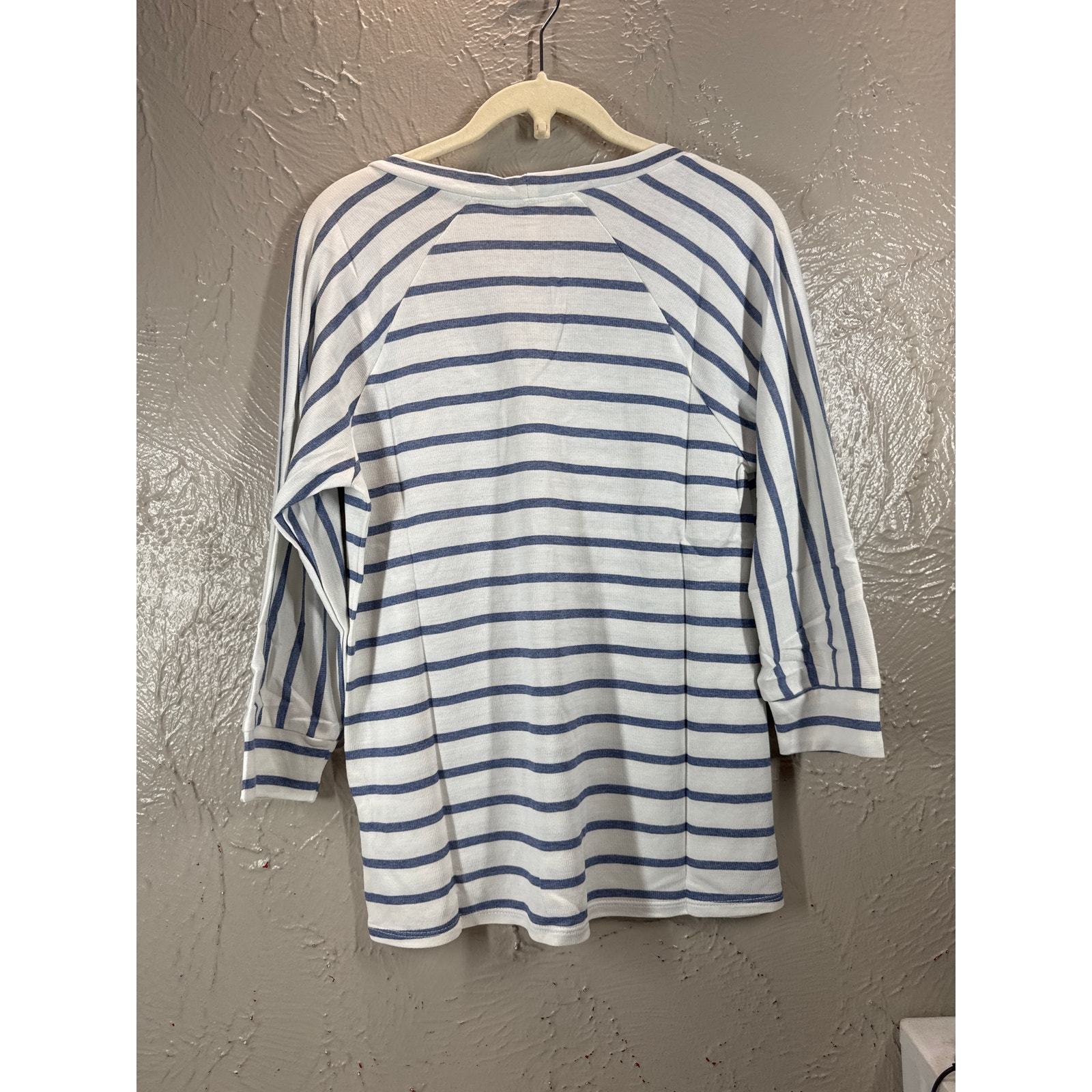 Lanston Shirt Top Blue Striped 3/4 Sleeve Scoop Neck Cotton Rayon Blend Small Item image 2
