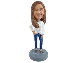 Custom Bobblehead Trendy gal with a nice sweater, ripped jeans and loafers - Lei - £70.93 GBP