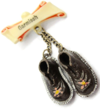 Hand Painted German Garmisch Ribbon &amp; Pair Brown Shoes Boots Plastic Brooch Pin - £23.79 GBP