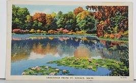 Greetings from St. Ignace Michigan 1930s Autumn Scenic Lake View Postcard J14 - £4.76 GBP