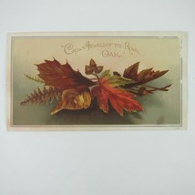 Victorian Christmas Card Autumn Oak Leaves &amp; Acorns Back Potted Plant An... - $7.99