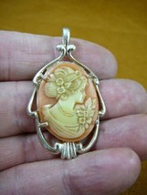 (CS22-43) Hair Net snood Girl orange CAMEO Vintage silver Pendant Necklace - £26.56 GBP