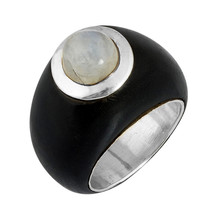 Artisan Crafted Sterling Silver Ebony Wood Ring Natural Rainbow Moonstone Size 7 - £27.24 GBP