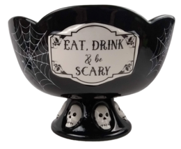 Happy Halloween Ceramic Bowl EAT DRINK &amp; BE SCARY Skulls Spiders Web Spi... - £23.94 GBP
