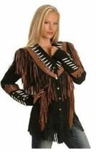 Women&#39;s Western Black Leather Fringe Jacket With Bones &amp; Studs WBKJ115 - $129.00+