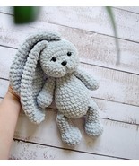 Plush bunny toy Baby boy gray rabbit Toddler stuffed woodland animal cro... - $55.49 CAD