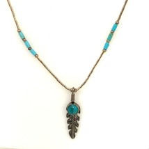 Vtg Native American Liquid Silver and Turquoise Beaded Leaf Pendant Necklace 18 - £30.96 GBP