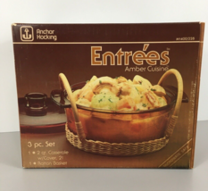 Anchor Hockinig Entrees Amber Cuisine Casserole w/ Cover &amp; Rattan Basket... - $33.65