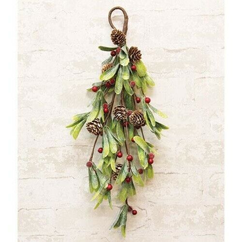Primary image for Glittered Mistletoe Teardrop Wall Hanger Red Berries Buds Christmas 20" L #SPG98