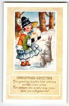 Christmas Postcard Girl In Large Hat Bunny Rabbits Vintage Whitney Unposted - £12.28 GBP