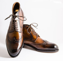 New Handmade Men’s Brown Wing Tip Brogue Lace Up Boots, Leather High Ankle Boot - £116.91 GBP