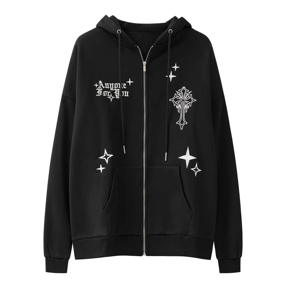  Mens Zipper Hoodie Sweatshirt Y2K Hip Hop Cross Retro Letters Graphic Hooded Pu - £126.25 GBP