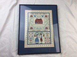 Cross Stitch Hand Embroidered &quot;God Bless Our Home&quot; Sampler Picture Framed - $34.64