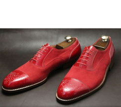 New Handmade Burgundy Color Cap Toe Brogue Decent Lace Up Shoes - £127.09 GBP