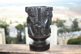 Hard and Heavy Ebony Wood Hand Carved African Tribal Art Goblet Cup Urn Vessel - £87.11 GBP