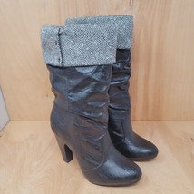 QUPID Women’s Boots Size 6.5 Black Knee Hi Roll Down Tweed Pull Ons - £21.85 GBP