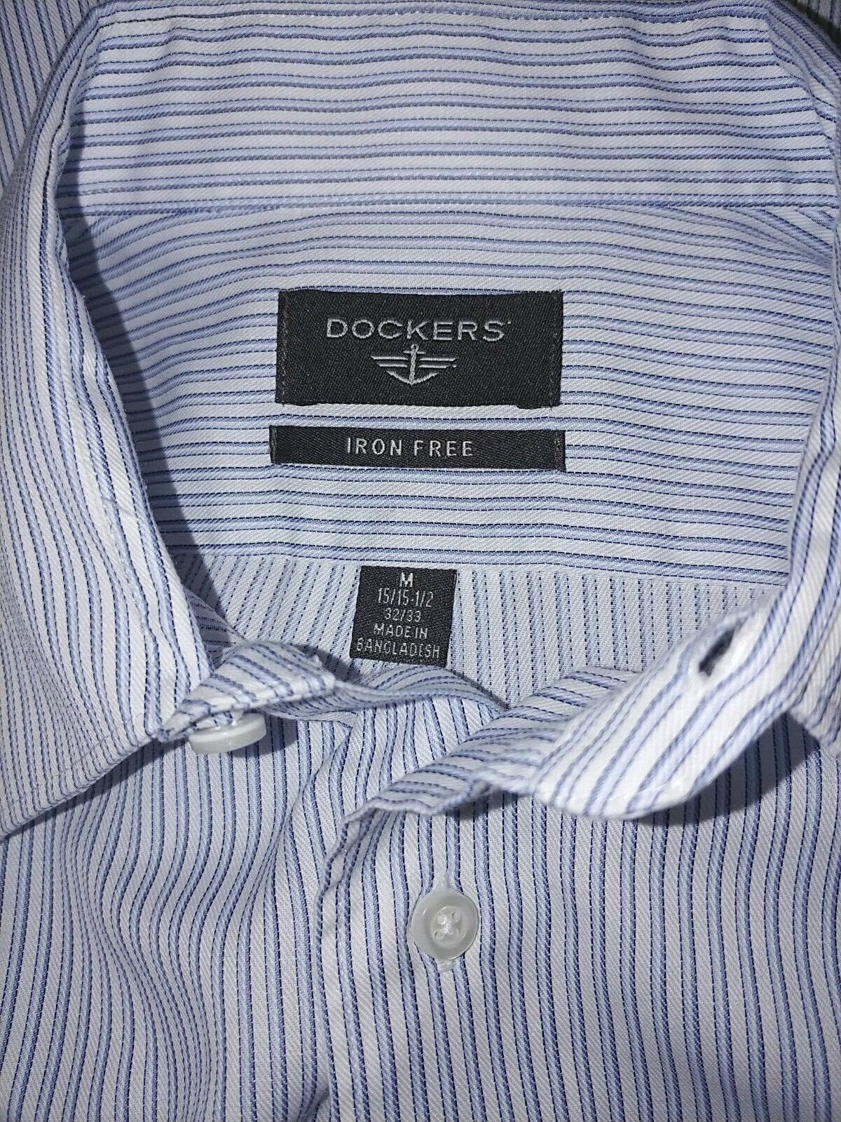 Primary image for DOCKERS MEN'S LS IRON FREE BLUE/WHITE STRIPED DRESS SHIRT-M(15/15.5x32/33)-NWOT