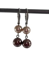 Dangle Earrings Faux Pearl Mauve Pink Beaded Rhinestones Silver Tone Drop - £11.87 GBP