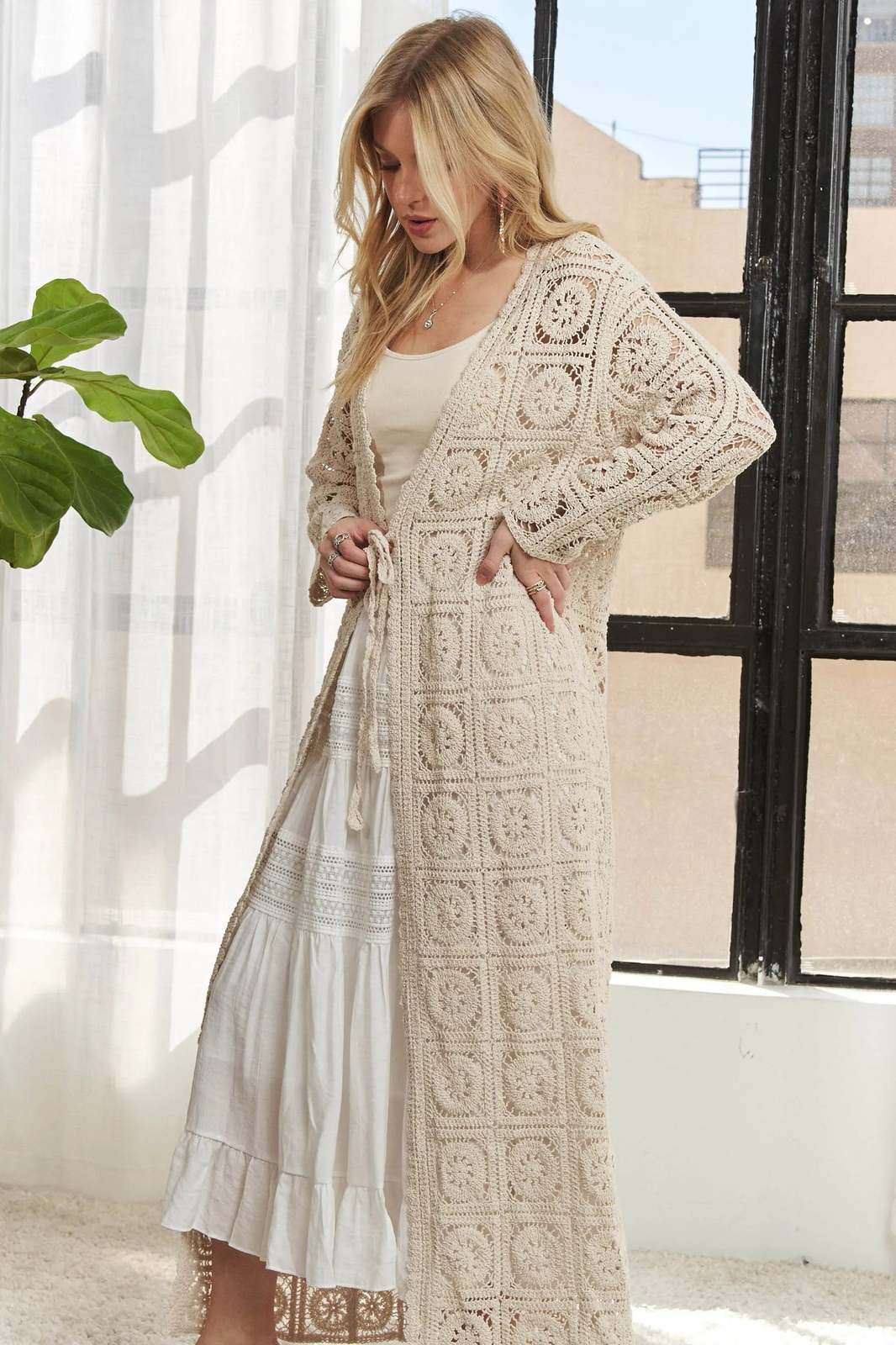 Long Sleeves Crochet Elastic Beige Cardigan - $43.00