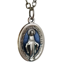 Our Lady of the Miraculous Medal Pendant 18&quot; Necklace Blue Enamel Made in Italy - £10.99 GBP