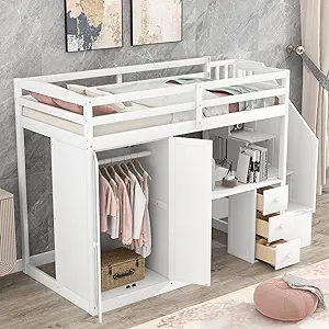 With Stairs And Wardrobe, Wooden Bedframe W/Desk, Storage, Drawers, Cabi... - $1,079.99