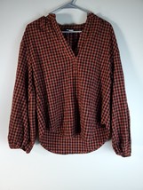 A New Day Blouse Top Womens Small Orange Black Check Polyester V Neck Pullover - £6.56 GBP