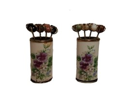 Vintage Comic Hors d&#39;oeuvre Fork Holder 8 forks stone violet flowers cer... - £22.10 GBP