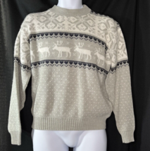 John Deere Men Gray Sweater Reindeer Deer Snowflake Knit Crewneck Size L Vintage - £22.41 GBP