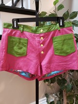 Vintage Rare Wilsons Leather Pink &amp; Green Solid Leather Button Front Shorts 14 - £166.59 GBP