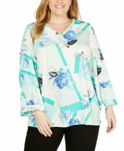 Alfani Women&#39;s Plus Size Printed Ruffle-Trim Blouse, 1X, Turquoise Floral - £15.14 GBP