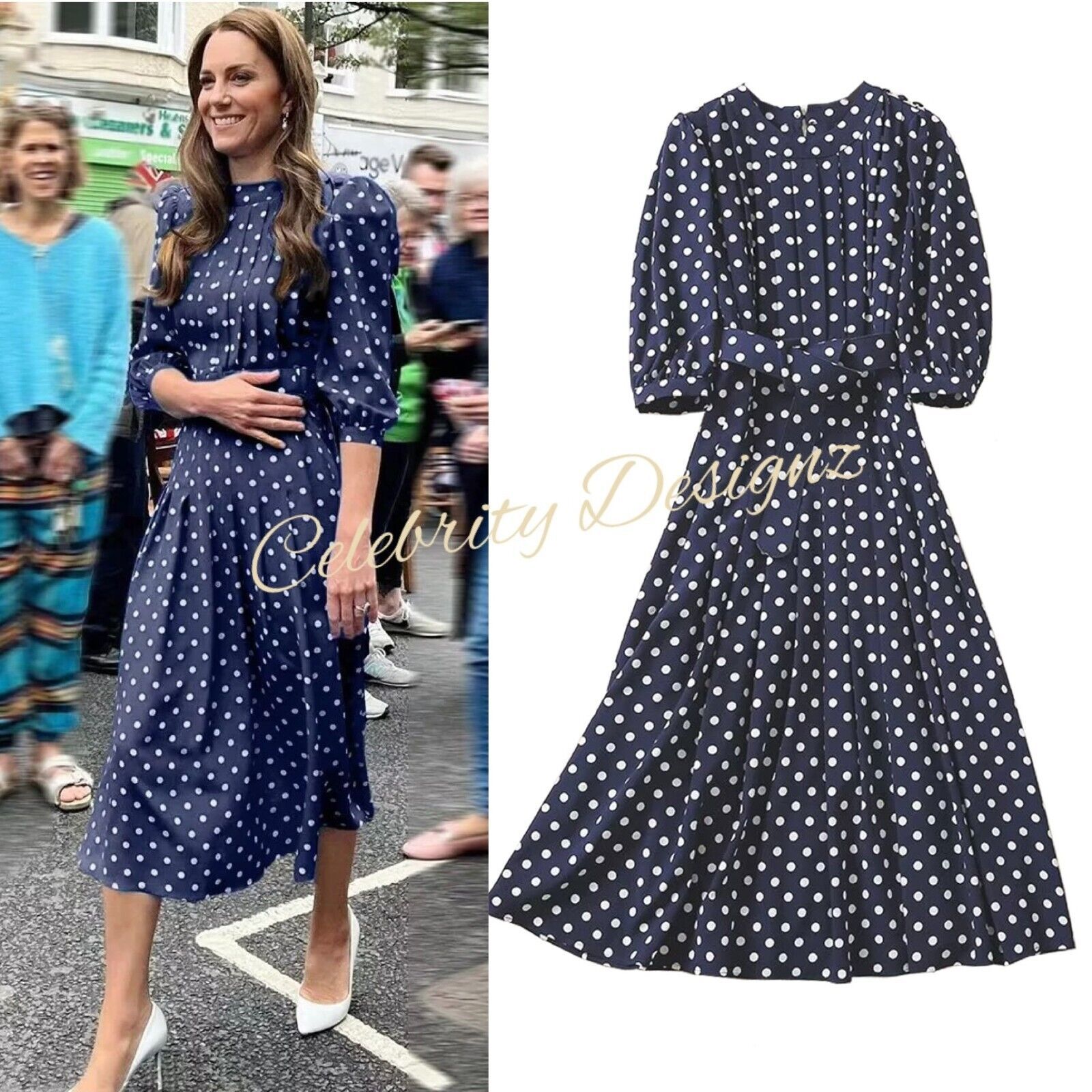 Kate Middleton Inspired Vintage Belted Navy Polka Dot Pleated Midi Dress Celeb