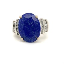 Vintage Sterling Signed 925 Oval Blue Lapis Lazuli Stone with CZ Ring Band sz 8 - £43.52 GBP
