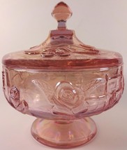 1970's Westmoreland Pink Carnival Glass Rose & Lattice 6"t Footed Covered Candy - $94.99