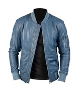 Chaqueta de motociclista elegante bomber de piel de cordero azul de cuer... - $2,119.64 MXN+