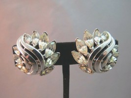 Vintage Crown Trifari Rhinestone Navette Earrings Early Designer Silver ... - £19.80 GBP