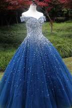 Gorgeous Off Shoulder Sequins Blue Long Prom Dress, Shiny Formal Evening Dress,Q - £179.28 GBP