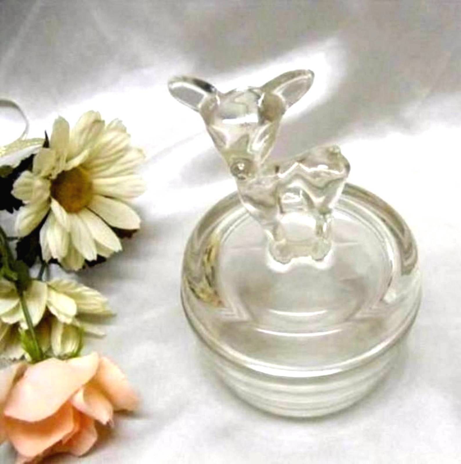 SOLD***3774 Antique Jeannette Clear Glass Fawn Trinket-Powder Jar - $26.00