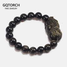 Natural Obsidian Three Coins Pi Yao Beaded Bracelet For Men And Women Gold Color - £25.32 GBP