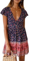 R.Vivimos Women&#39;s Short Sleeve Floral Print V Neck Tunic Dress - Size: L... - $16.46