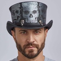 Silver Skull | Mens Leather Top Hat | Skull Hat Band | Handmade Motorcyclist Hat - £29.83 GBP+