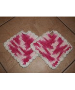 vintage pot holders crochet pink and white  - £6.29 GBP