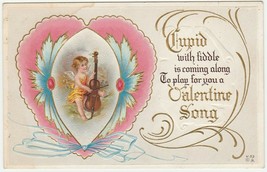 Vintage Postcard Valentine Cherub Plays Violin Like Cello Embossed - £6.21 GBP