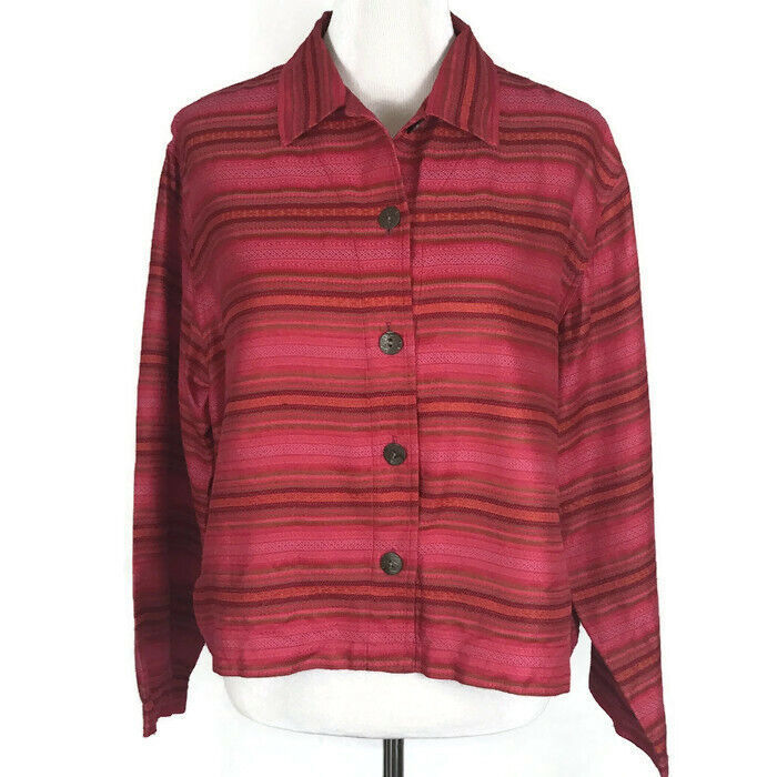 Primary image for Chicos Design Womens Jacket Size 2=12/L Pink Striped Button Long Sleeve Career