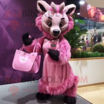 Pink Hyena mascot costume character dressed with a Empire Waist Dress and Handba - $1,339.00