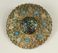 Vintage Costume Jewelry Alpaca Turquoise &amp; Blue Glass Ethnic Brooch Pin ... - $18.57