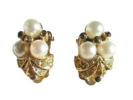 Clip On Earrings Fashion Jewelry Rhinestones Pearls Gold Tone Ribbon Design - £7.85 GBP