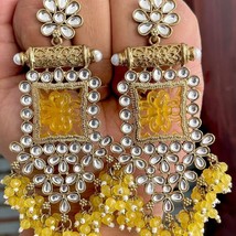 Bollywood Style Gold Plated Indian Fashion Kundan Yellow Earrings Jewelr... - $28.49